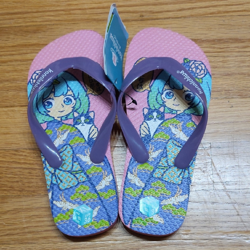 Kids Flip Flops with Cartoon Design - Pink and Purple